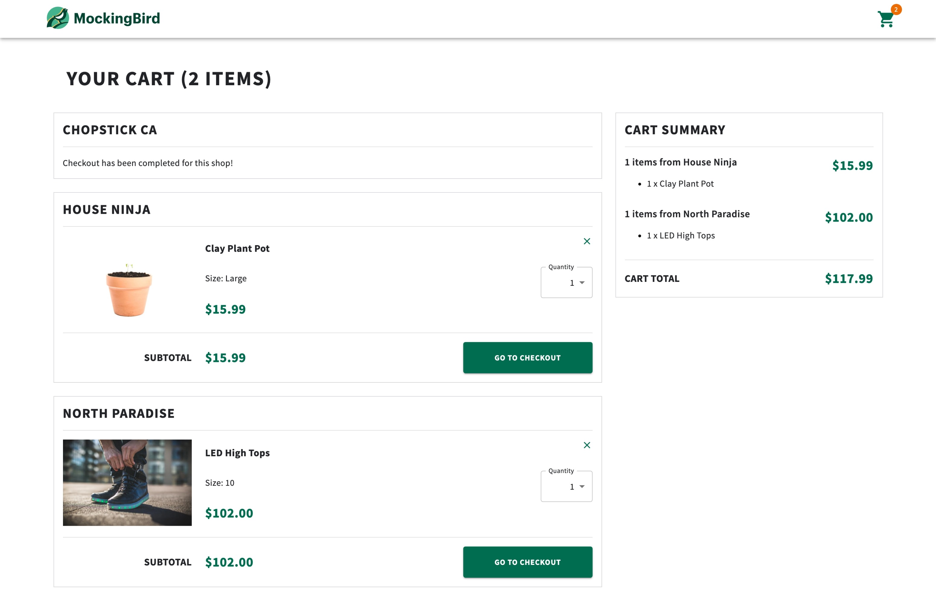 An image of the cart page after checkout is complete