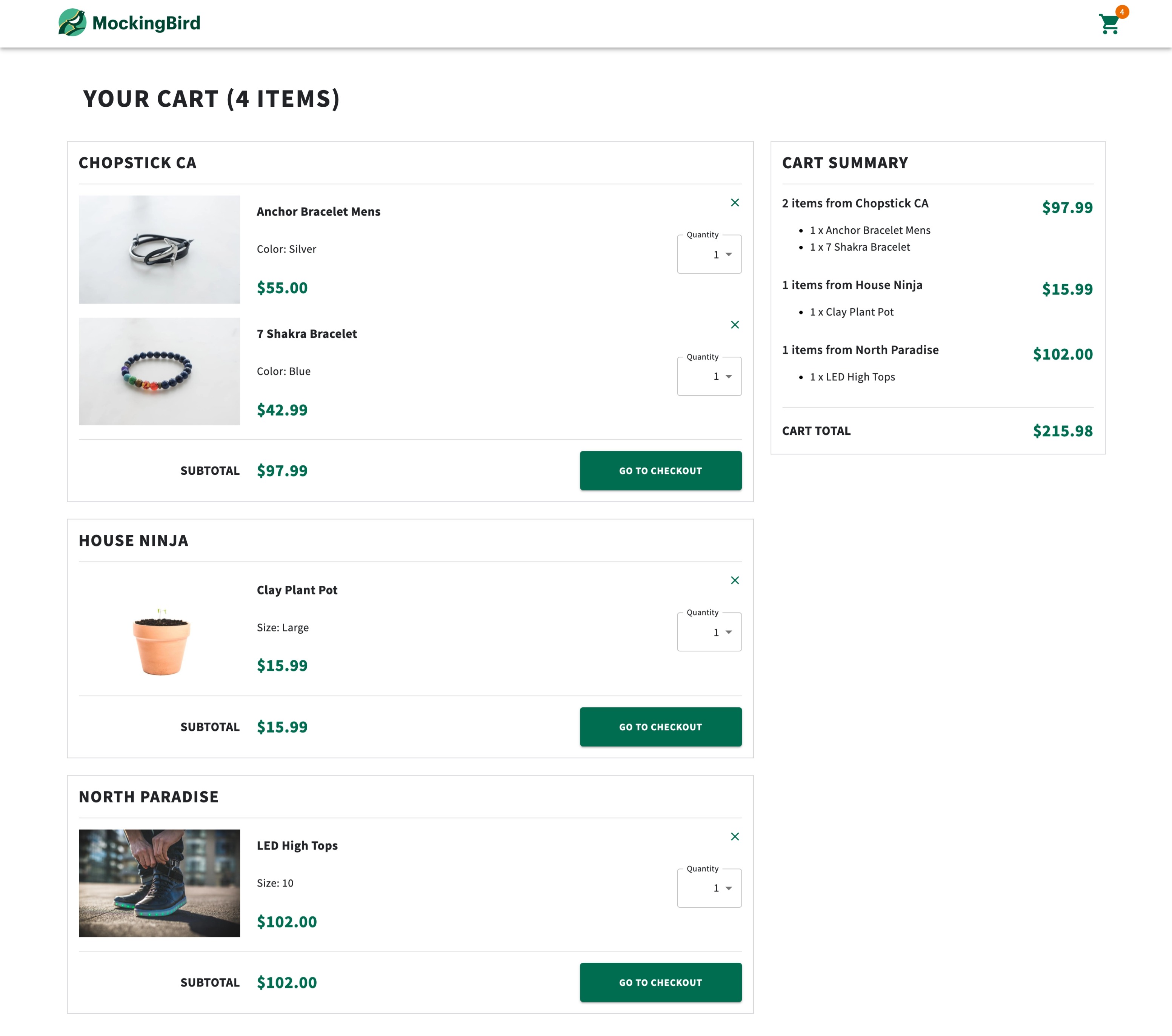 An image of the cart page with options to edit quantities, remove items, and view a summary of charges