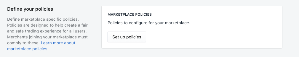 An image showing the Setup policies button in the marketplace dashboard creation.