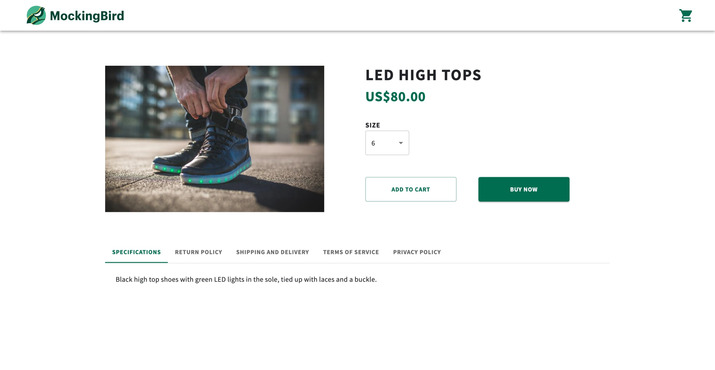 An image of the marketplace product page with a cart icon in the header and add to cart button