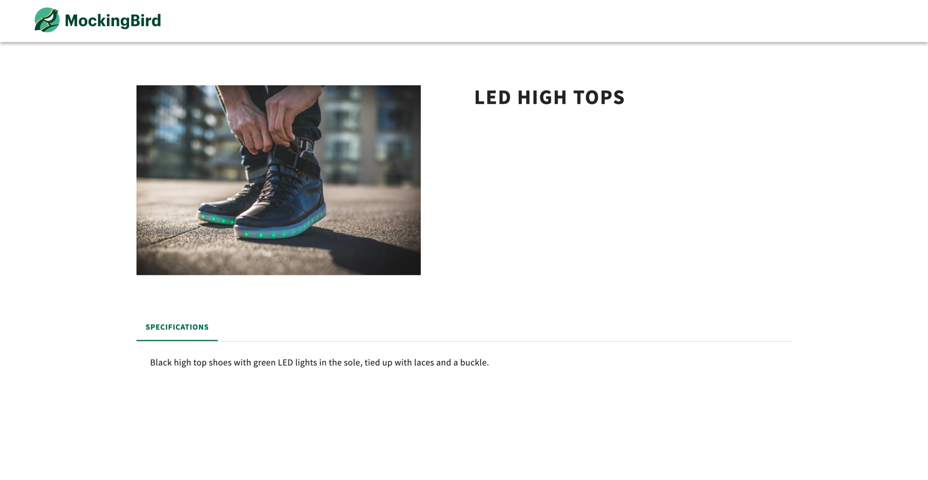 An image of the product page featuring LED high tops and a specifications tab with a product description