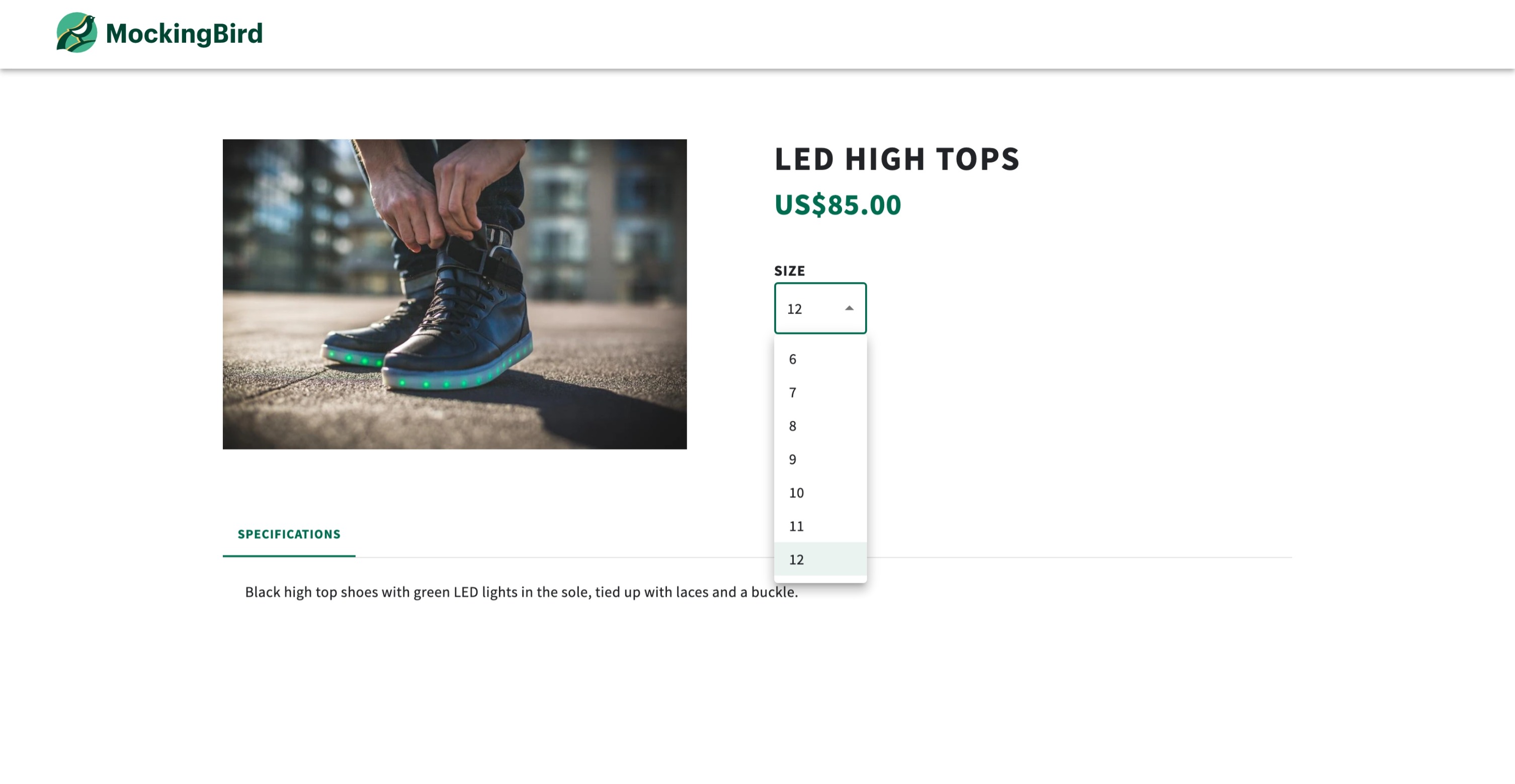 An image of the product page featuring LED high tops and a selected variant