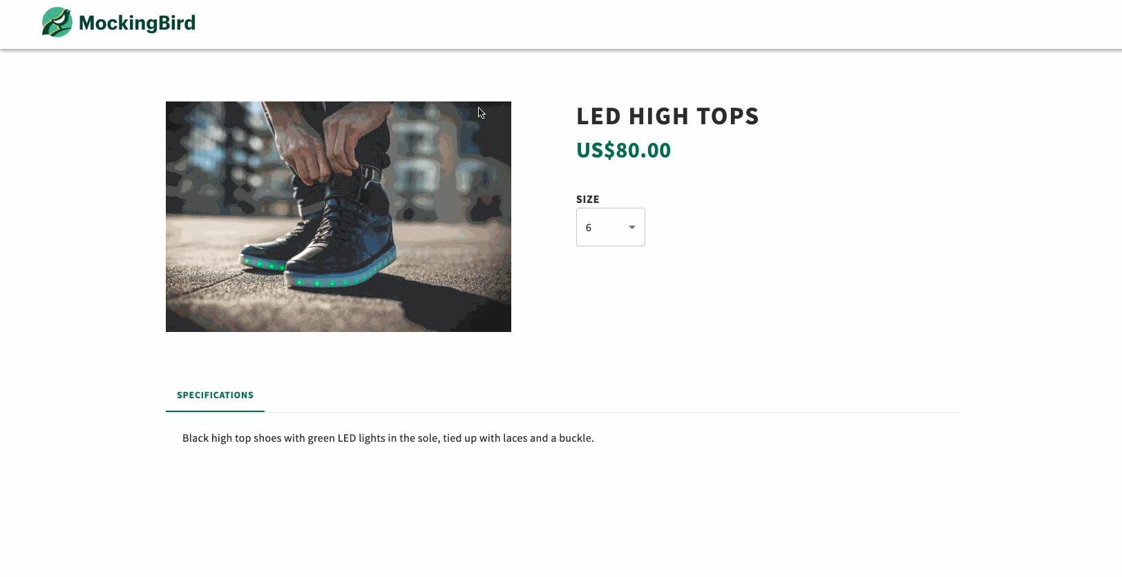 An image of the product page featuring LED high tops and a size dropdown list