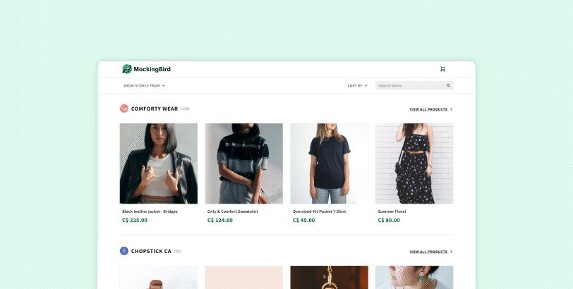 An image of the marketplace homepage with search, sort, and filtering