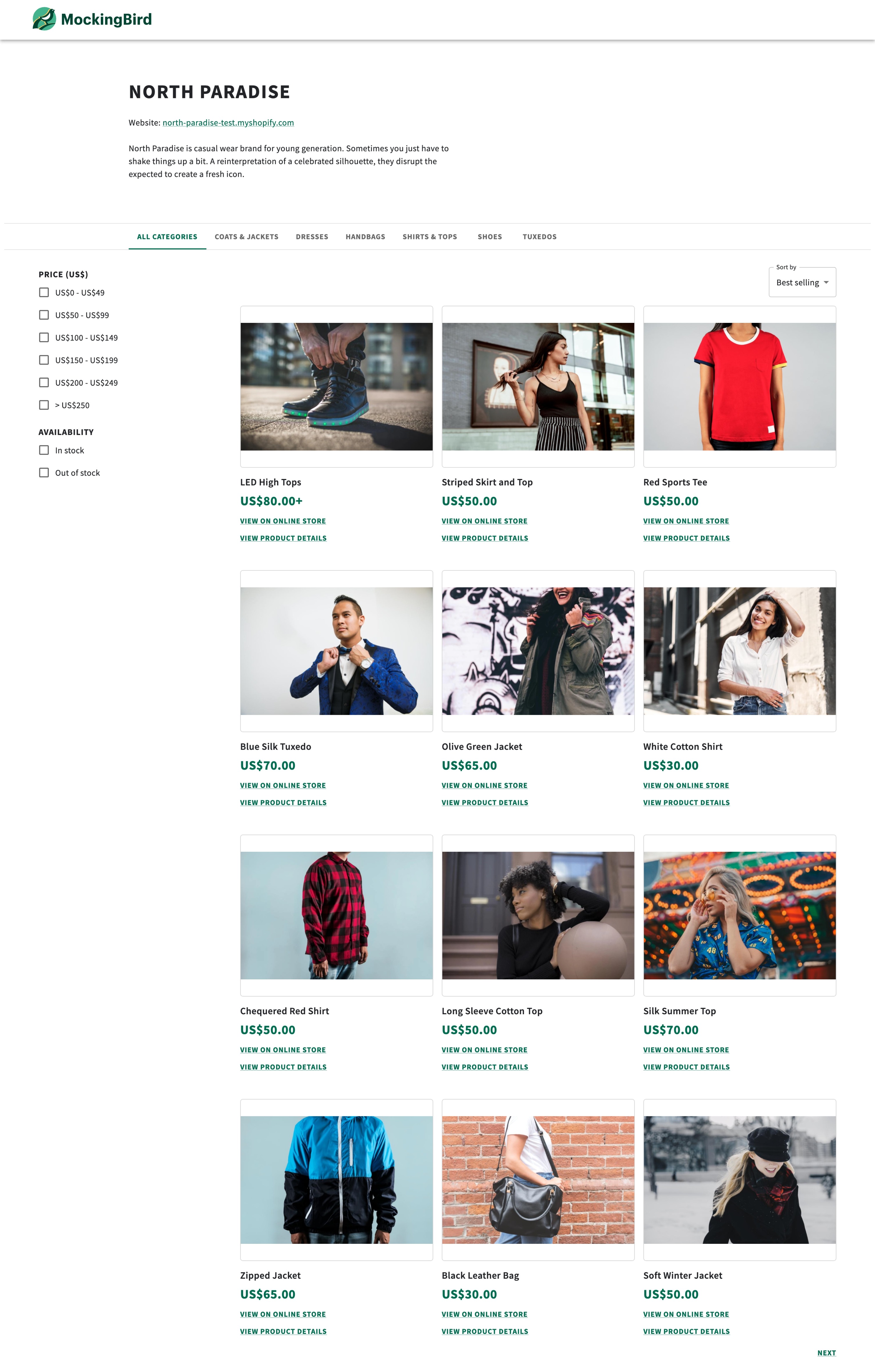 An image of the shop page where products include a link to view product details