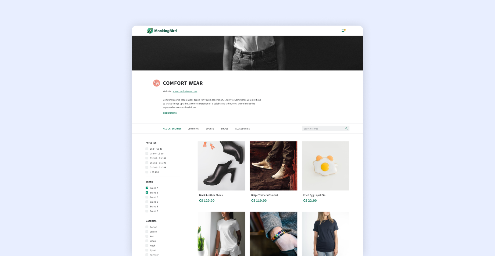 An image of the marketplace shop page with shop details and products