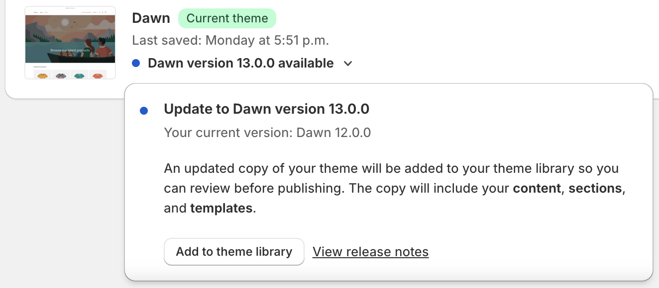 Sample online store with a manual update available for Dawn theme.