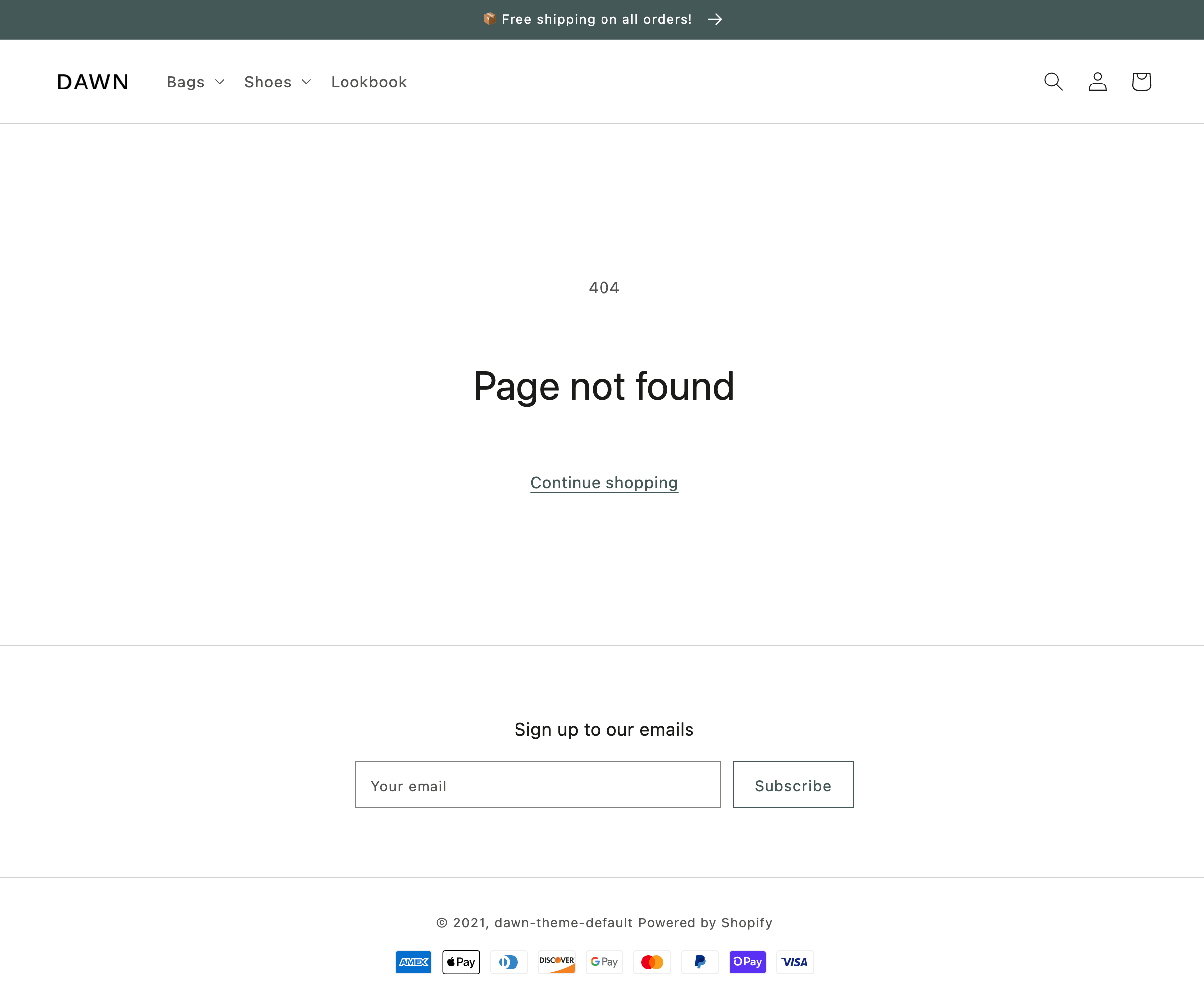 An example of the 404 template in Dawn