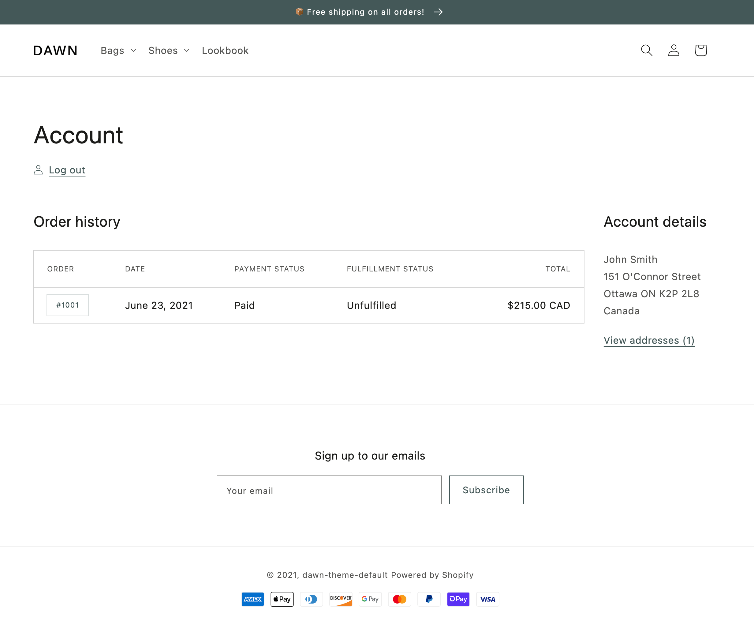 An example of the customers/account template in Dawn