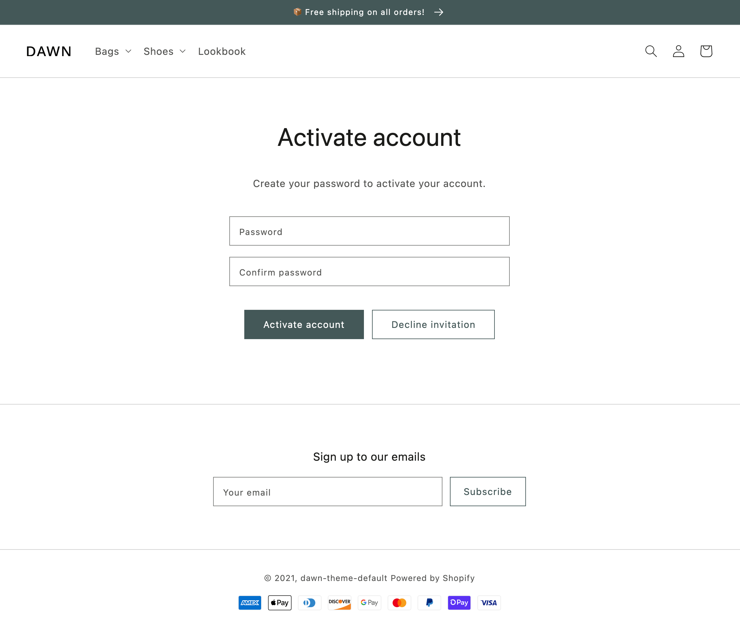 An example of the customers/activate_account template in Dawn