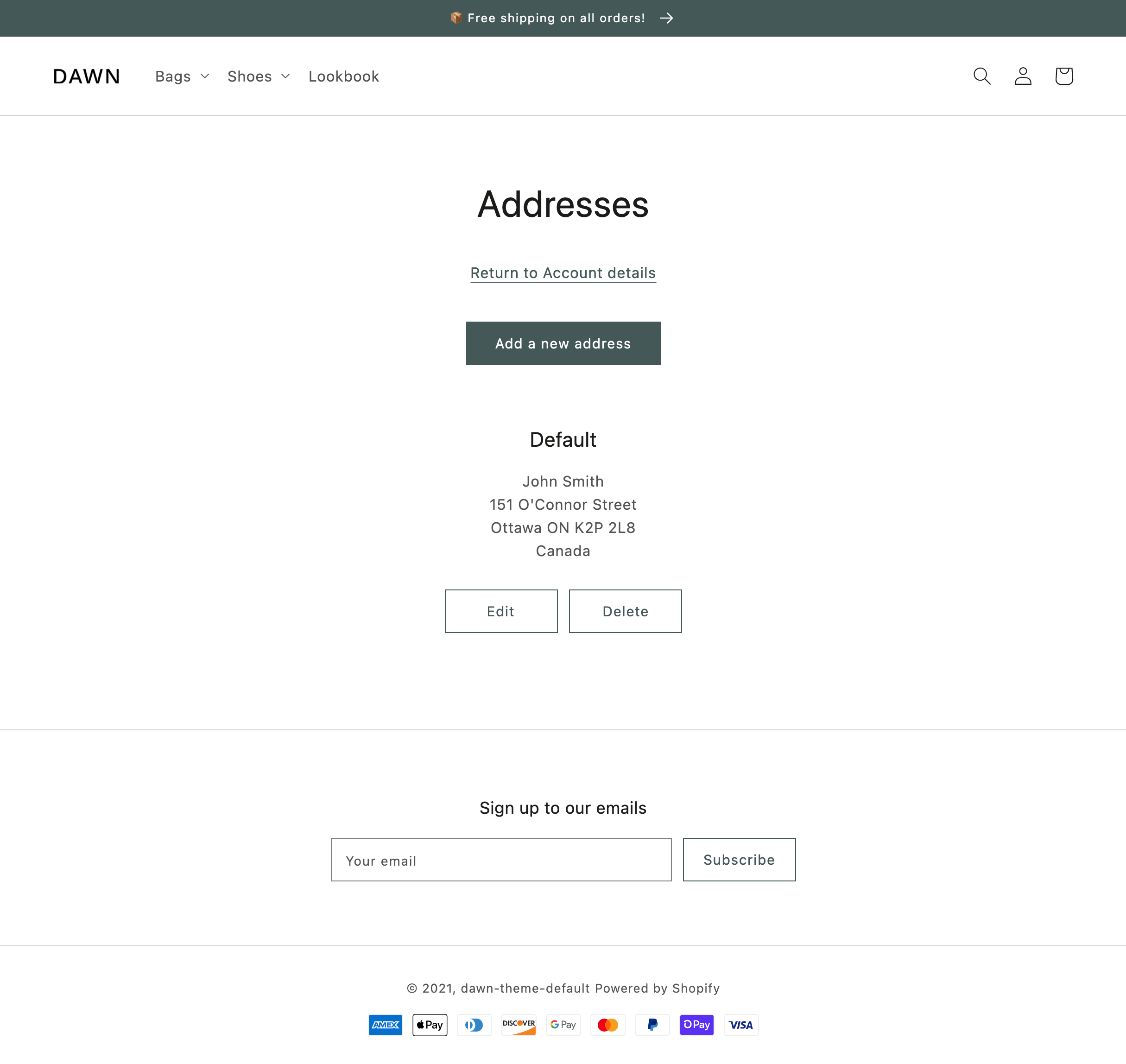An example of the customer addresses template in Dawn