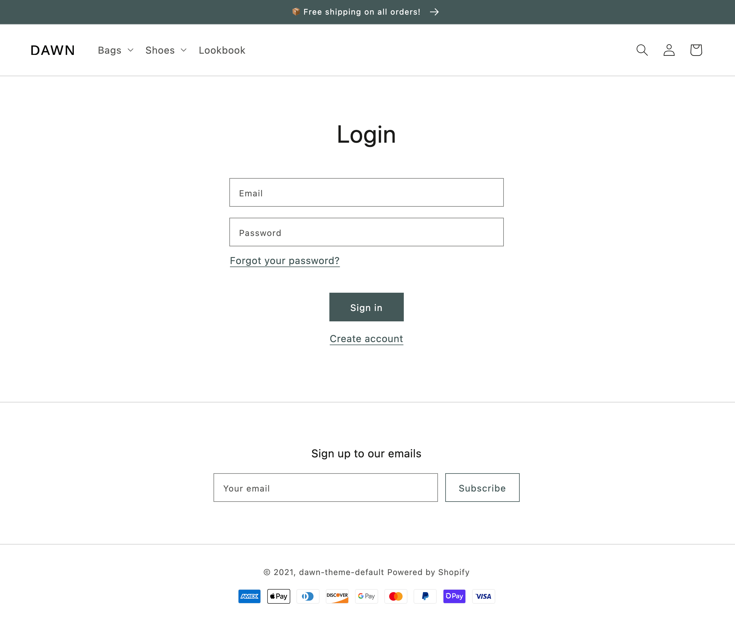 An example of the customer login template in Dawn