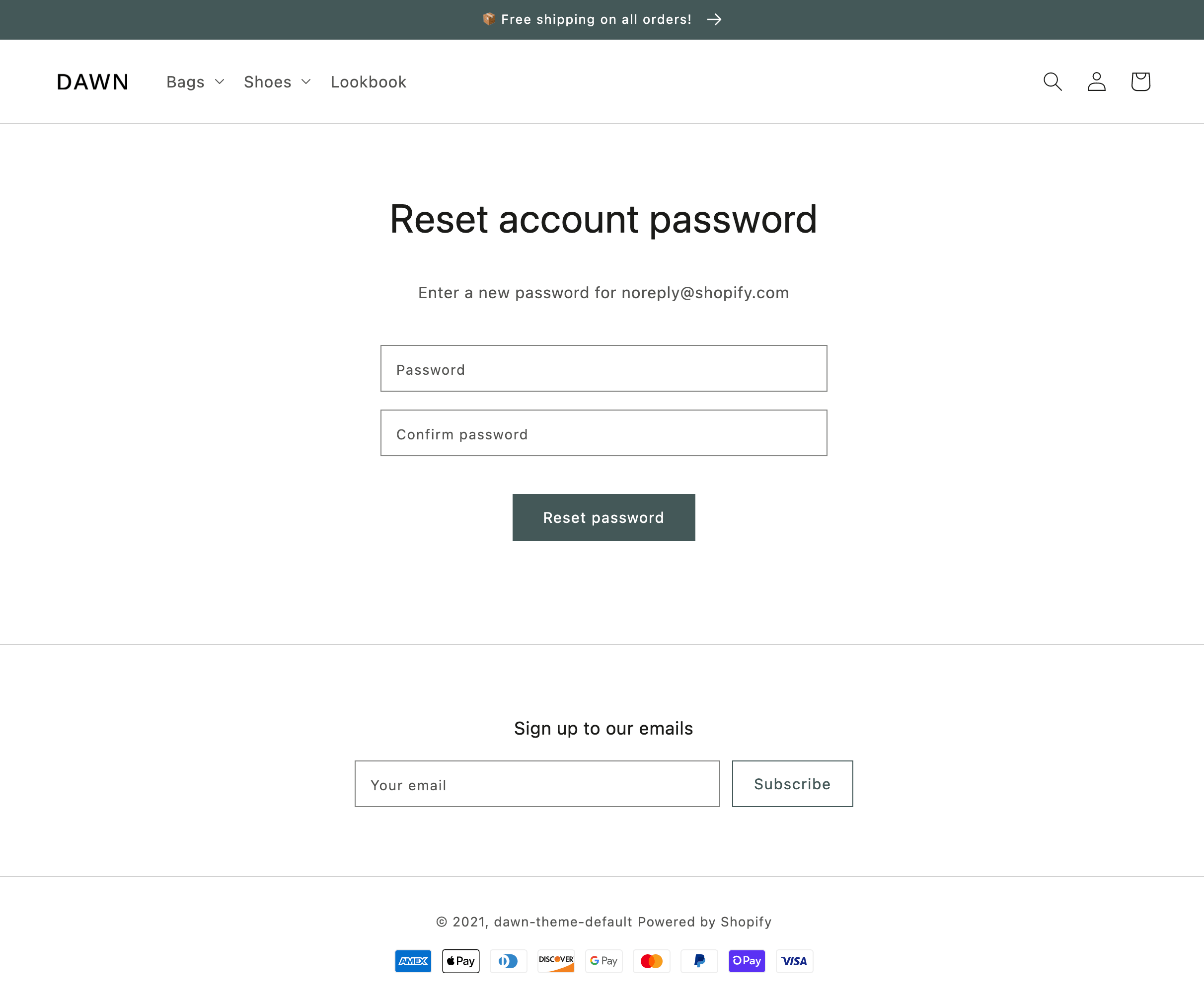 An example of the customer reset password template in Dawn