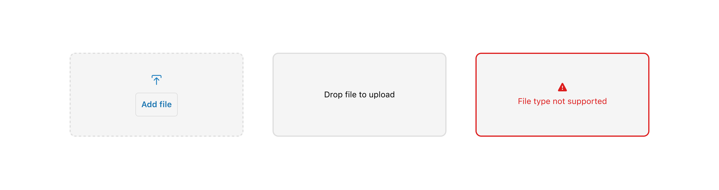 An image showcasing the DropZone component with a button to add files with error and dragged over states.