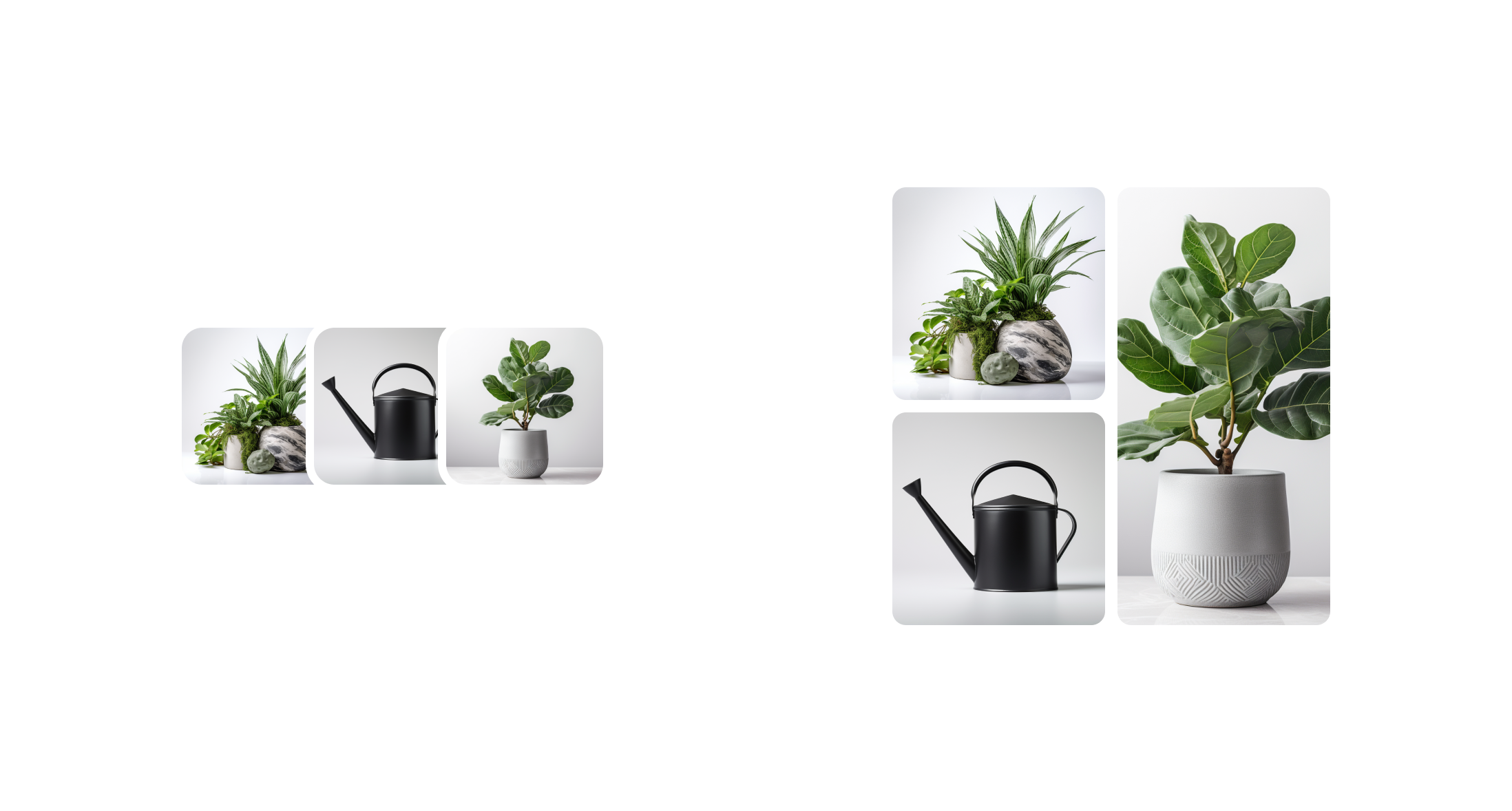 An example of the ImageGroup component shows 3 circular images of plants displayed in a row, each one slightly overlapping the previous image—in a horizontal stacked pattern. To the right, there is another group of 3 images of plants, arranged in a 2x2 grid. There is one square image in the upper-left quadrant, one square image in the lower-left quadrant, and the entire right half of the grid is occupied by one image.
