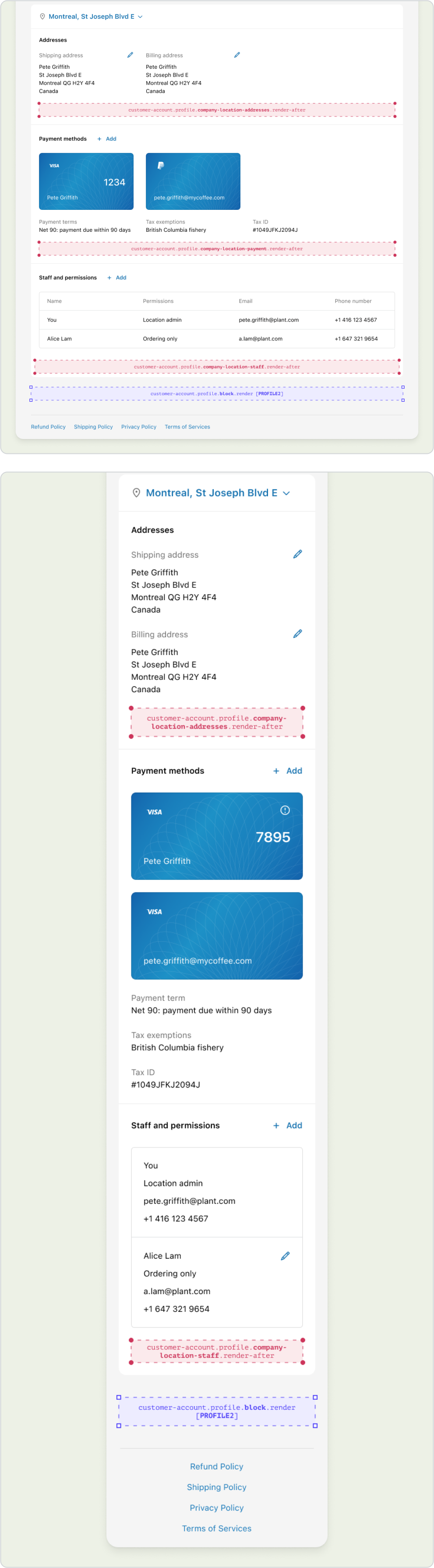 The desktop and mobile view of the section of the B2B Profile page that contains details about the company location. Under the addresses section, there's a red dotted-line box that says customer-account.profile.company-location-addresses.render-after, indicating the static extension target available in this location. Under the payment methods section, there's another red dotted-line box that says customer-account.profile.company-location-payment.render-after, indicating a static extension target available in this location.