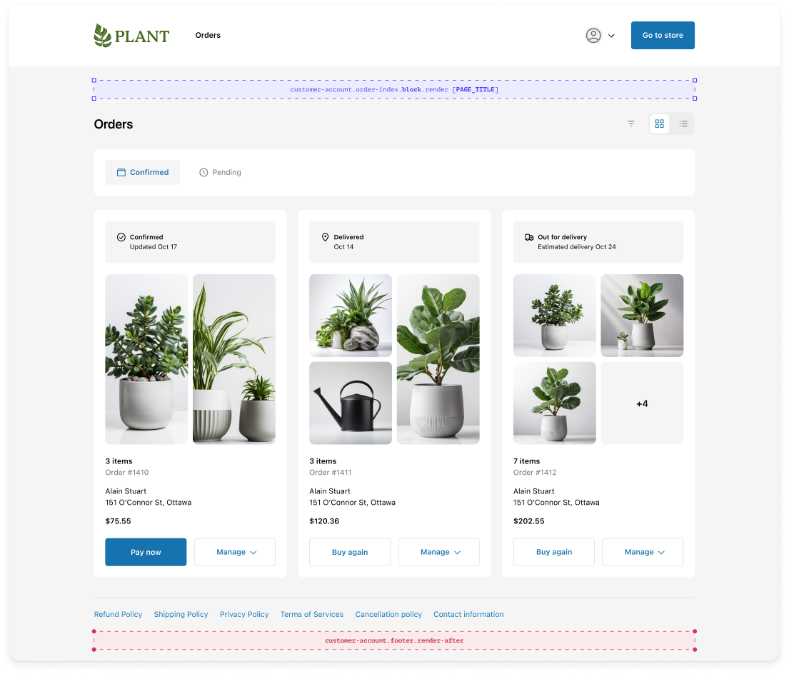 A desktop view of the customer-account.footer.render-after extension target that renders in the footer.