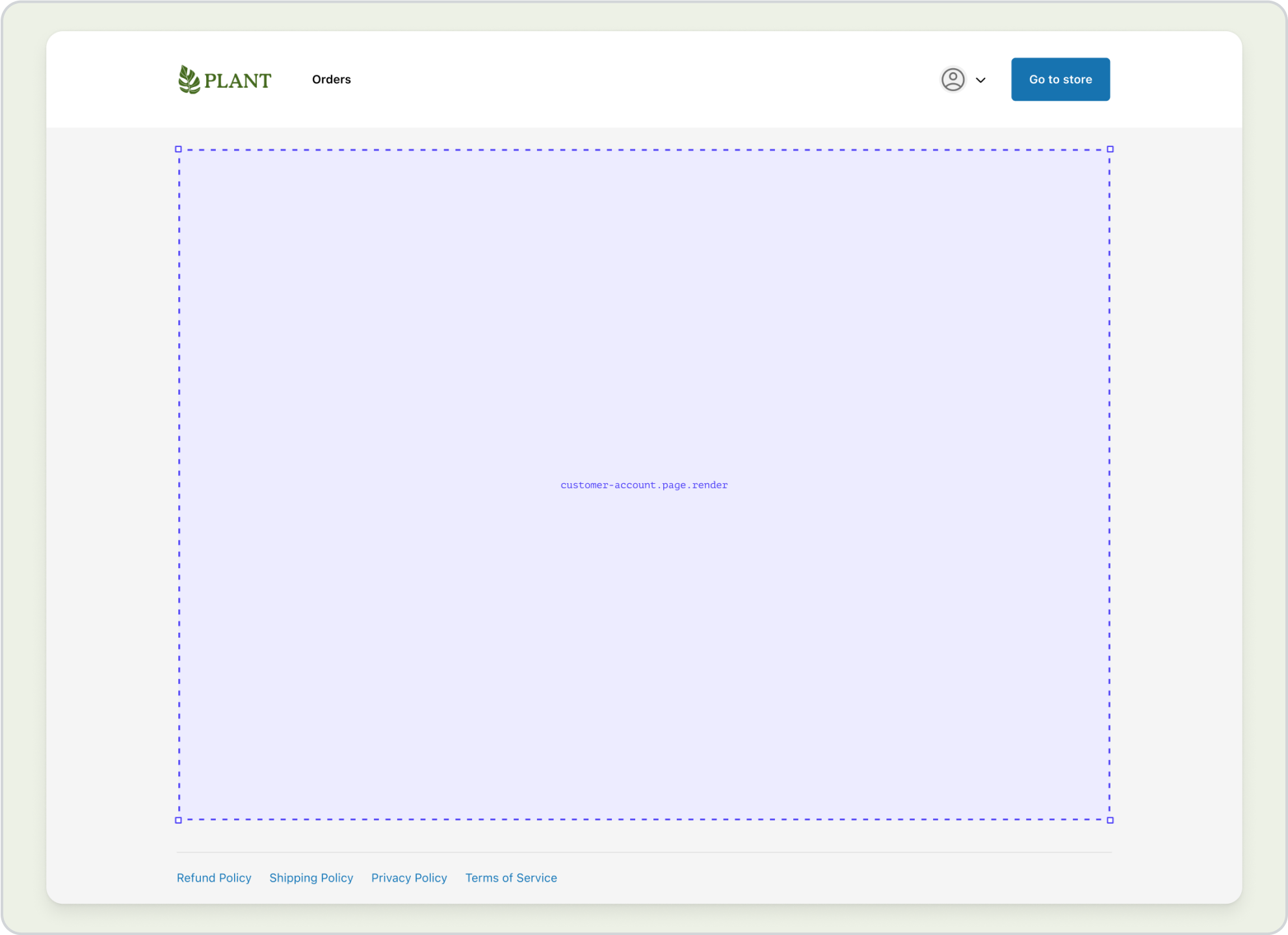 A desktop view of the customer-account.page.render full-page extension target that renders between the header and footer.