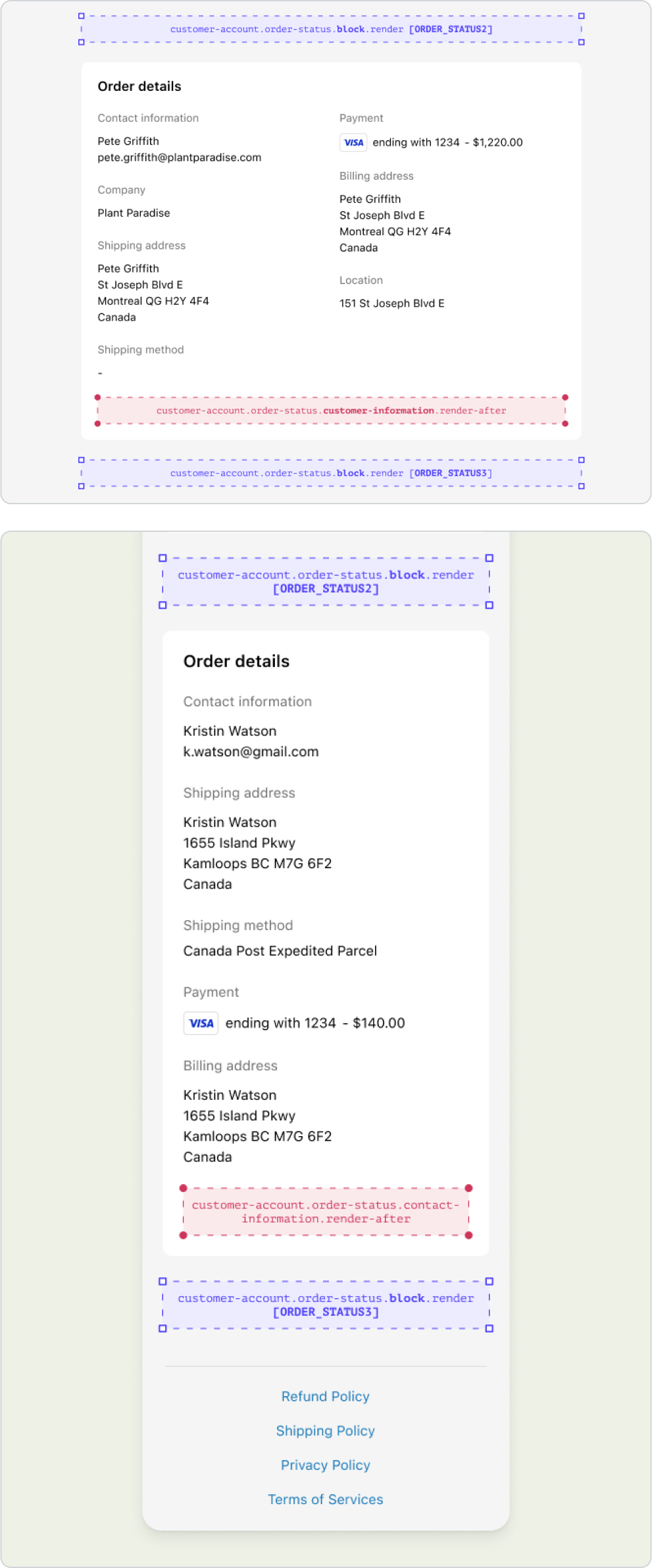 The desktop and mobile view of the Order details card on the Order status page, which includes contact information, payment, shipping address, billing address, and more. Above and below the Order details card there is a purple dotted-line box that indicates the available placements for the block extension target on this page. Inside the Order details card is a red dotted-line box that indicates the static extension target available in this location.