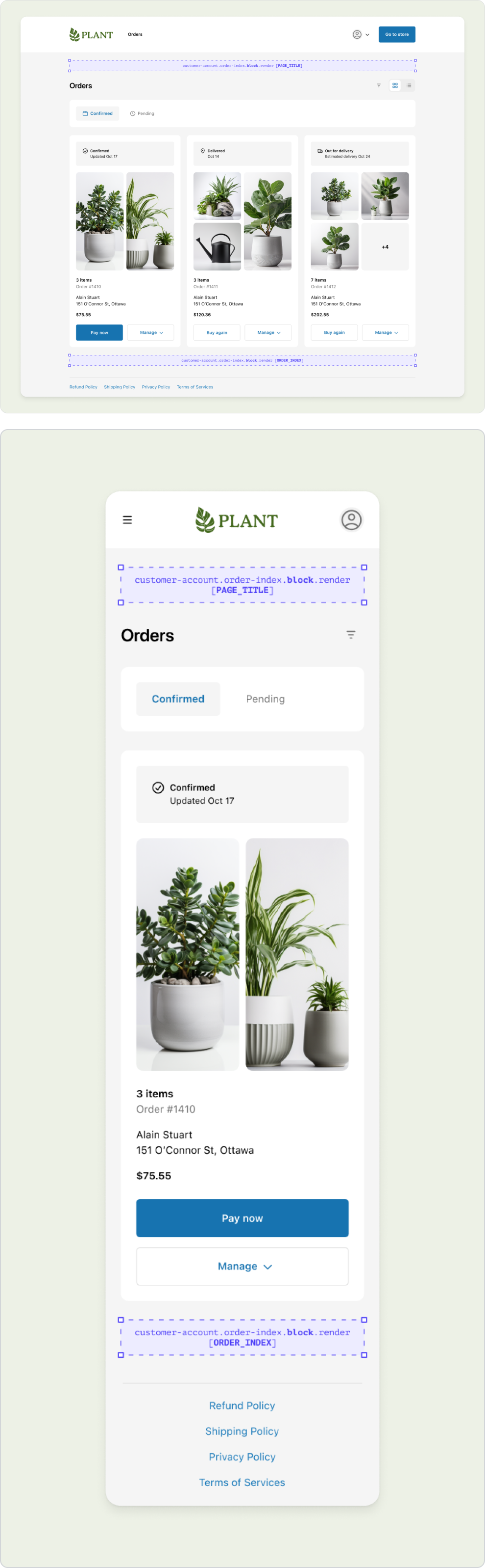 The desktop and mobile view of the Order index page, with the customer-account.order-index.block.render extension target shown in purple dotted-line boxes above the page title, and below the list of orders, indicating that it's a block extension target with multiple placements available.