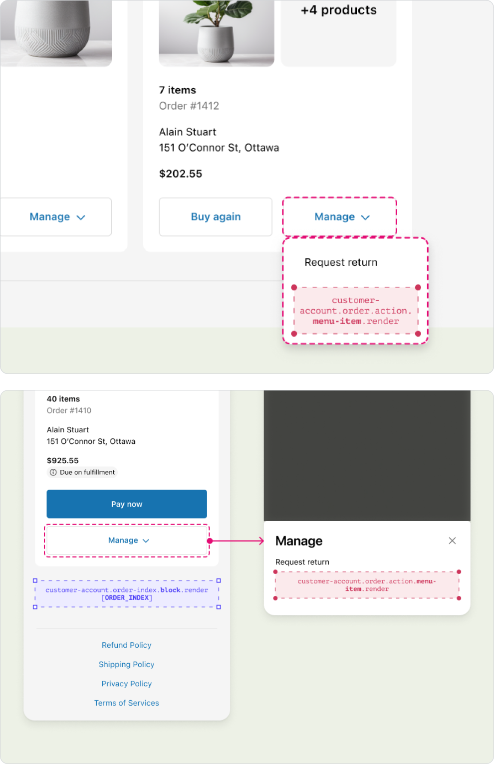 The desktop and mobile view of the Order index page that contains a list of all orders. In the Manage menu, there's a red dotted-line box that says customer-account.order-action-menu-item.render, indicating the static extension target available in this location.