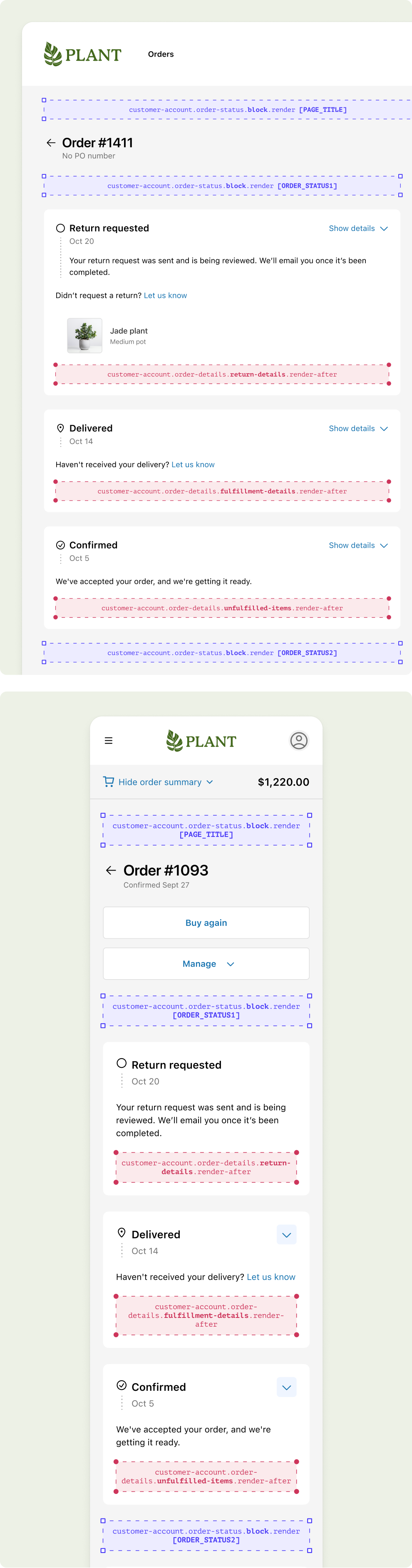 The desktop and mobile view of the Order status page. Above and below the page title, there is a purple dotted-line box that indicates the available placements for the block extension target on this page.