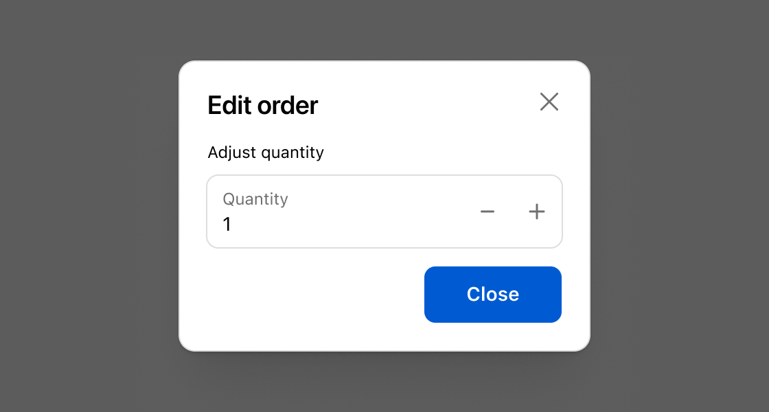 An example of the CustomerAccountAction component shows a dismissible modal with a header that says "Edit order", a field for adjusting quantities, and a Close button.