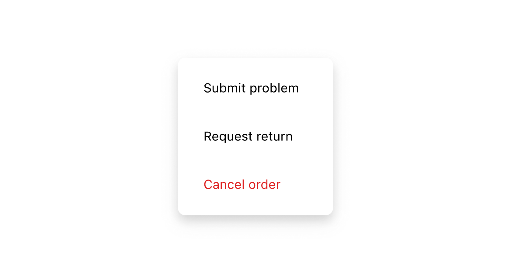 An example of a Menu component shows three actions: Submit problem, Request return, and Cancel order.