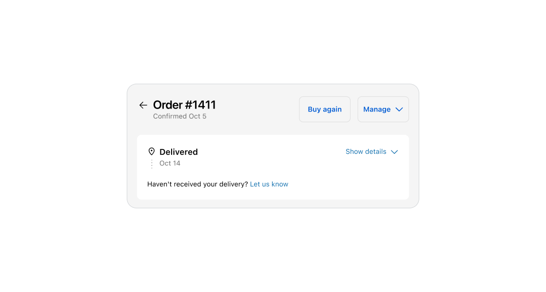 An example of the Page component shows the page title, description, and order action buttons on the Order status page.